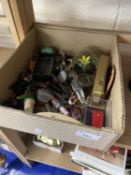 A small box of assorted bygones to include paperweight, spanners, corkscrews, bottle stoppers etc