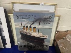 A reproduction canvas poster of The Titanic together with two reproduction Jack Vettriano prints