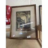 A reproduction print of The Oak Staircase by D Y Cameron, framed and glazed