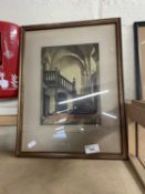 A reproduction print of The Oak Staircase by D Y Cameron, framed and glazed