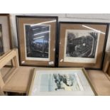 Two reproduction lino cuts by Dennis Cheason together with a reproduction print of Brent Goose by