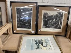 Two reproduction lino cuts by Dennis Cheason together with a reproduction print of Brent Goose by