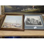 A watercolour of boats on the shore together with a print of a Church, both framed and glazed