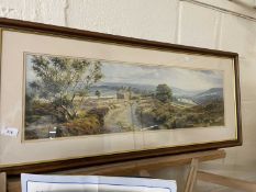 A reproduction print of cottage in a landscape, framed and glazed