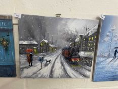 Train at the station in the snow, oil on canvas, unframed