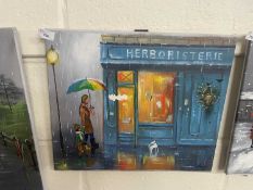 Rainy street scene, oil on canvas, unframed