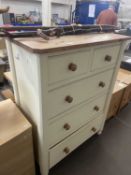 Cream painted pine chest of drawers of two short and three long drawers