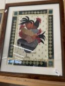 Textile picture of chickens, framed and glazed