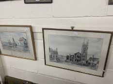 A watercolour of boats at harbour, framed and glazed together with a print of a church, framed and