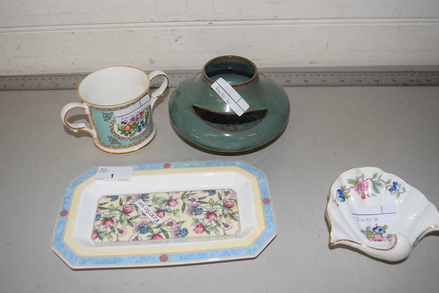 Mixed Lot: An Aynsley shell formed dish, Wedgwood pin tray, an abstract vase etc