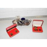 Mixed Lot: Silver plated cruet set and other items, cased cufflinks etc