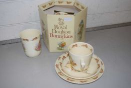 Royal Doulton Bunnikins trio together with baby plate and mug and a further mug