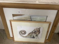 The Curious Cat with Tooth Hake, framed and glazed together with a print of chickens, framed and