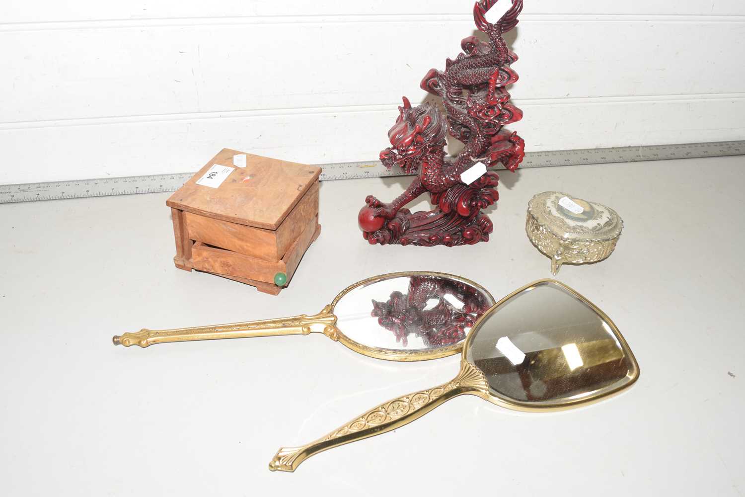 Mixed Lot: A modern Chinese resin ornament, dressing table hand brushes, jewellery boxes etc