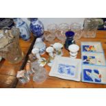 Mixed Lot: Heavy cut glass vase, sundae dishes, decanter, candlesticks, glass bird, various vases