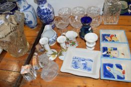 Mixed Lot: Heavy cut glass vase, sundae dishes, decanter, candlesticks, glass bird, various vases