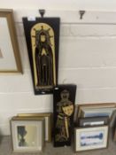 A pair of brass rubbing style pictures, one of Eleanor de Bohun and Sir John de Creke on wooden