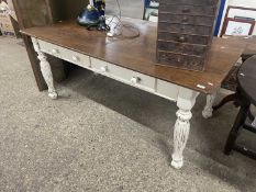 Late 19th or early 20th Century oak top kitchen table with painted base, 183cm wide