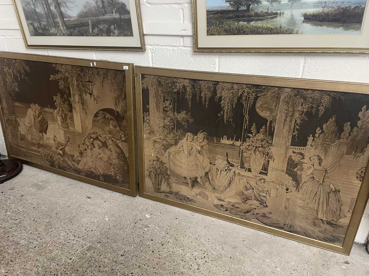 A pair of framed monochromatic tapestries of pleasure gardens in painted gilt frames