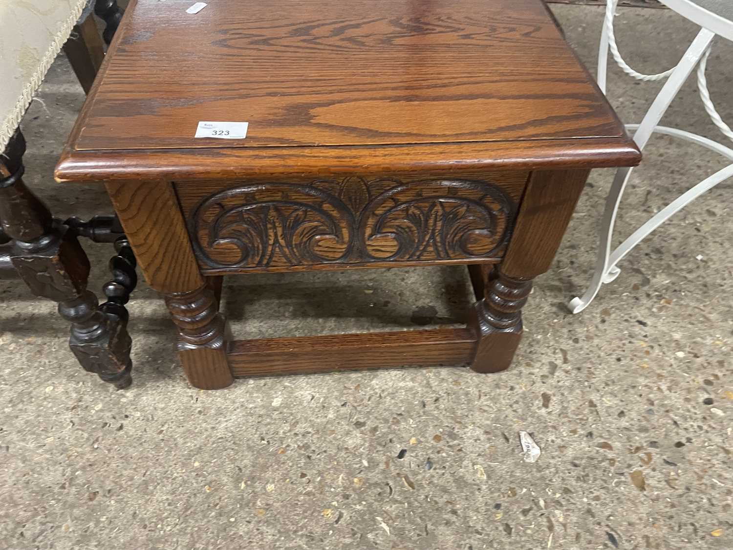 Small reproduction carved oak box stool