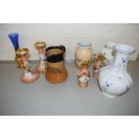 Mixed Lot: A Royal Doulton stone ware motto jug, continental gilt decorated candlesticks and similar