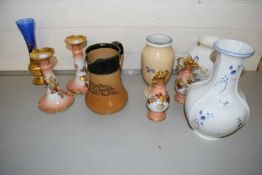 Mixed Lot: A Royal Doulton stone ware motto jug, continental gilt decorated candlesticks and similar