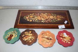Mixed Lot: Inlaid coasters and a polished wall plaque