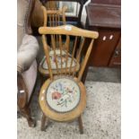 Two small stick back tapestry seated chairs