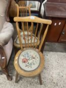 Two small stick back tapestry seated chairs
