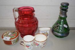 Mixed lot comprising a cranberry glass jug, an overlaid green glass decanter and Coalport and