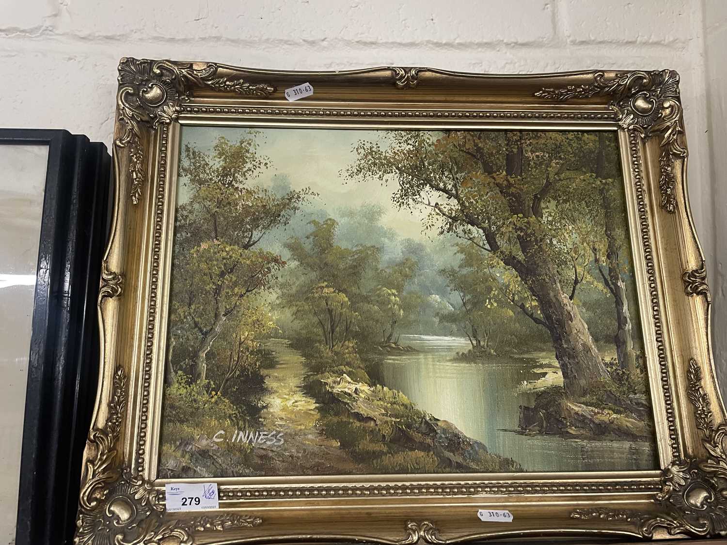 Contemporary riverside landscape by C Inness in reproduction gilt moulded frame
