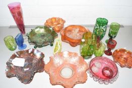 Collection of various glass wares to include Carnival glass dishes, ruby, cranberry and green