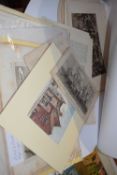 Folder containing engravings of London and Essex, Aiden Kirkpatrick watercolour of Loddon and