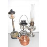 Mixed Lot: Vintage tilley lamp, oil lamp and a copper kettle