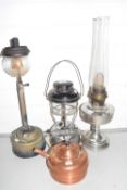 Mixed Lot: Vintage tilley lamp, oil lamp and a copper kettle