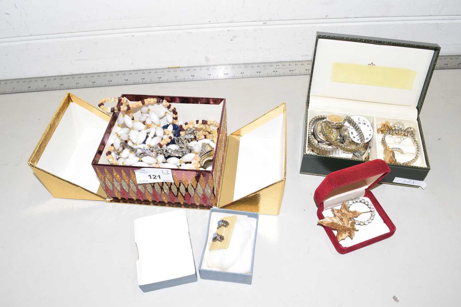 Two boxes of various watch movements, costume jewellery etc