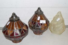Pair of lead glazed light shades together with a further opaque glass light shade
