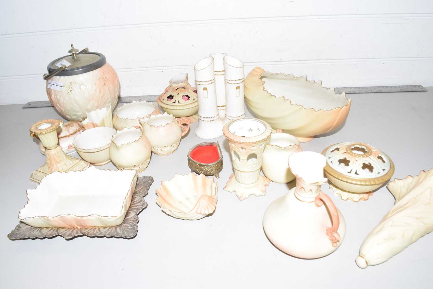 Collection of Rocke & Co blush Worcester porcelain items to include biscuit barrel, vases, jugs, pot