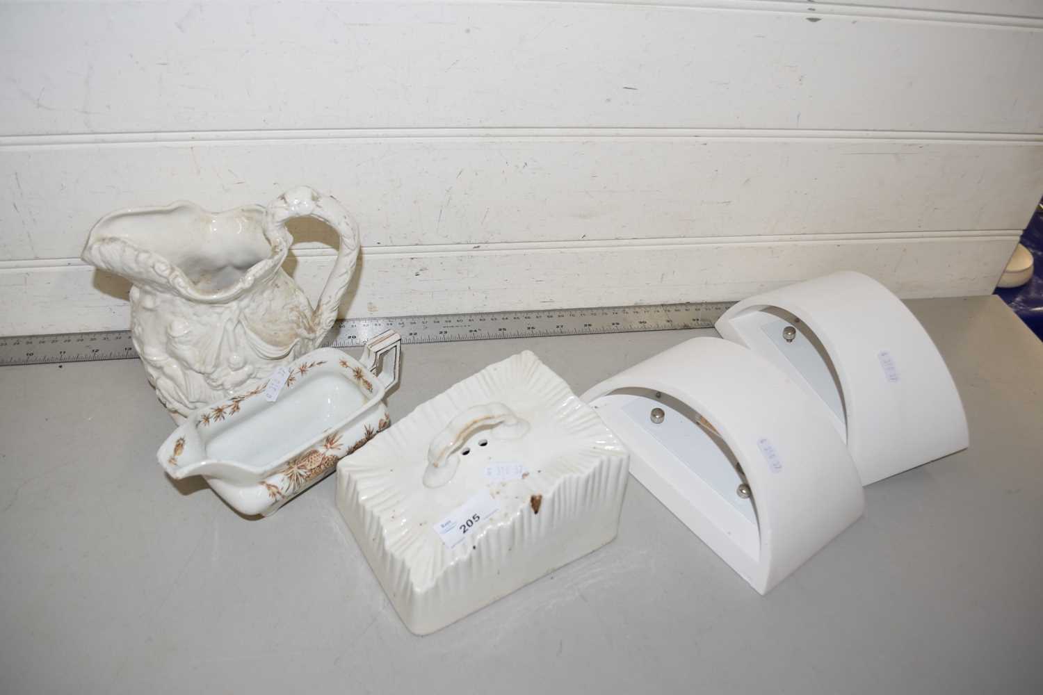 Mixed Lot: Wall lights, cheese cover and decorated jugs
