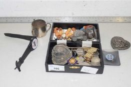 Mixed Lot: Various costume jewellery, small heart shaped trinket box, coinage etc