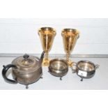 A silver plated tea set and a pair of goblets