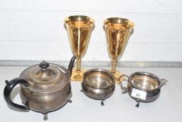 A silver plated tea set and a pair of goblets