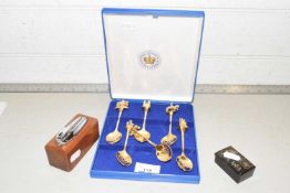Mixed Lot: Golden Jubilee spoons, table lighter and a small papier mache box