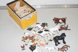 Box of various die cast and plastic toy farm animals