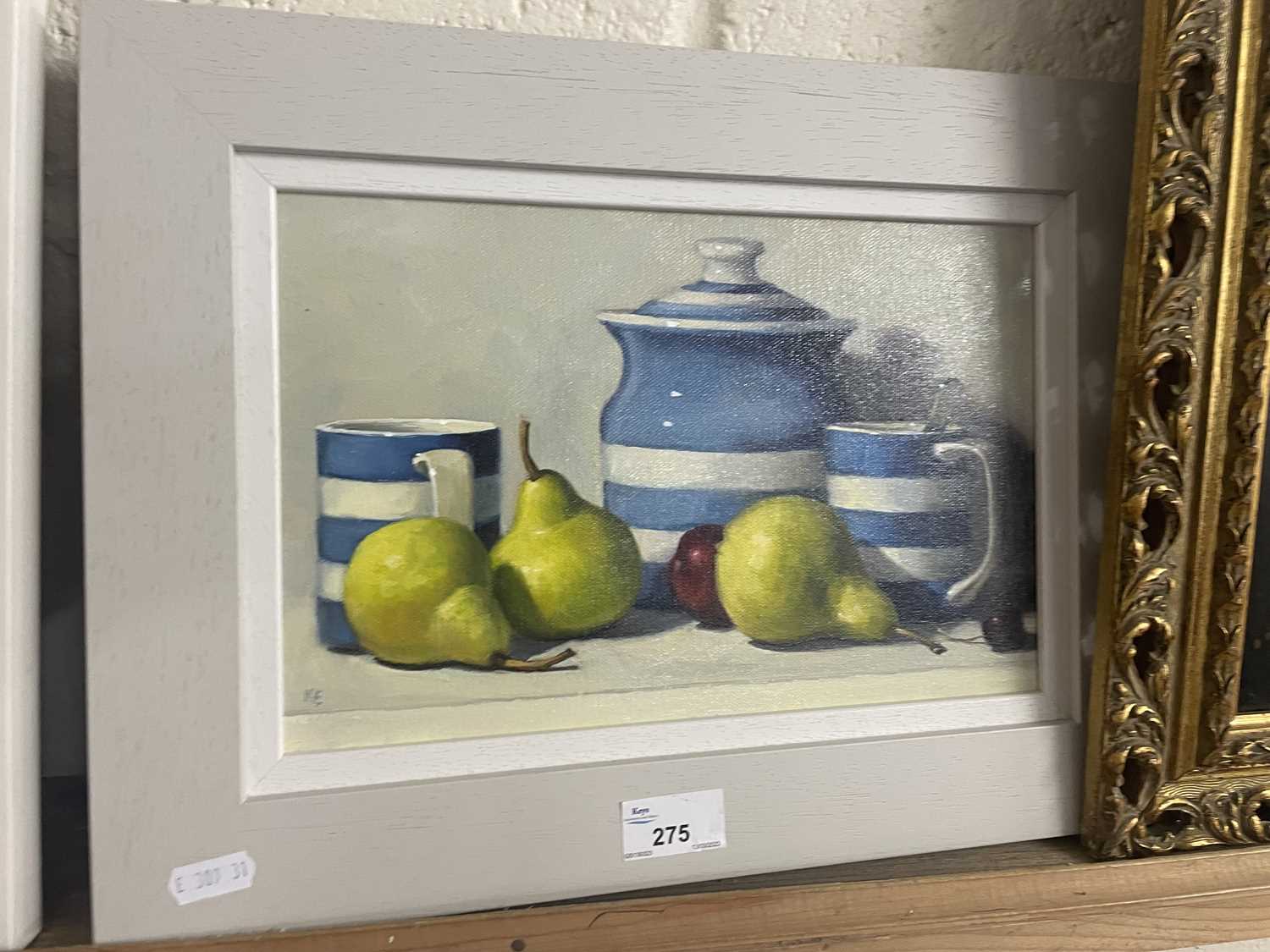 Still Life by Nicholas Elliott, oil on board in pale grey painted frame