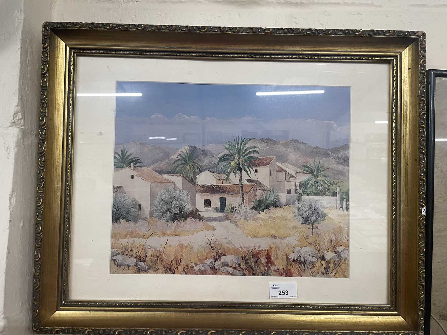 Reproduction Mediterranean landscape by Girault, glazed with moulded gilt frame