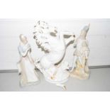 A pair of Lladro style figurines and a further model horse