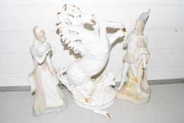 A pair of Lladro style figurines and a further model horse