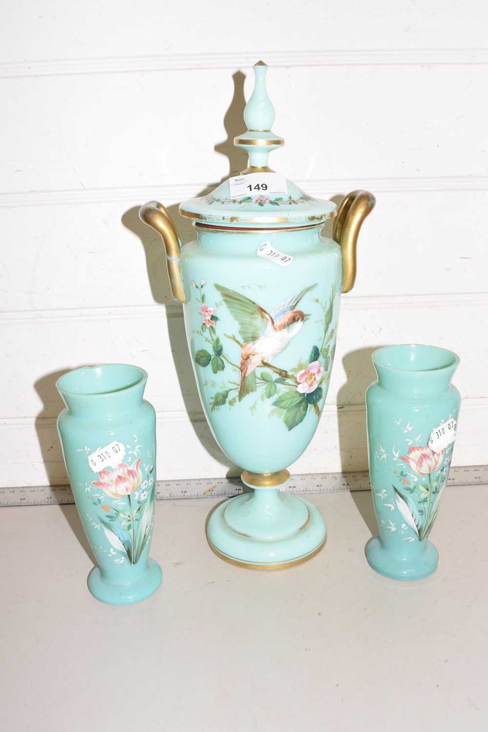 Turquoise opaque glass covered vase and two smaller examples (3)