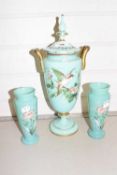 Turquoise opaque glass covered vase and two smaller examples (3)